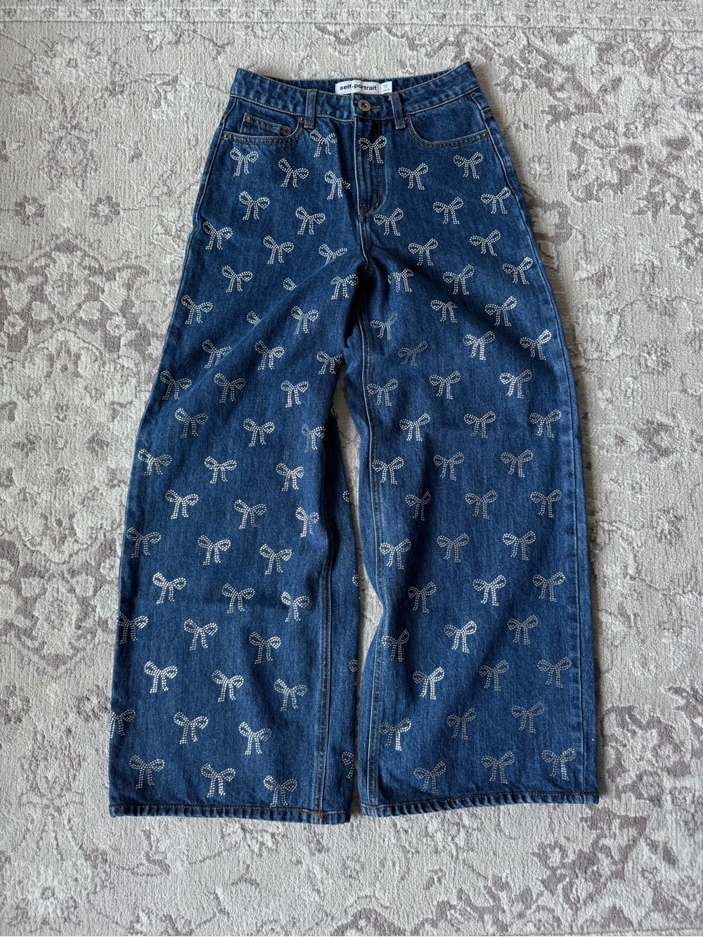 Self-Portrait High Rise Wide Leg Jeans with Crystal Bow Embellishments - Size 25 - Picture 2 of 9